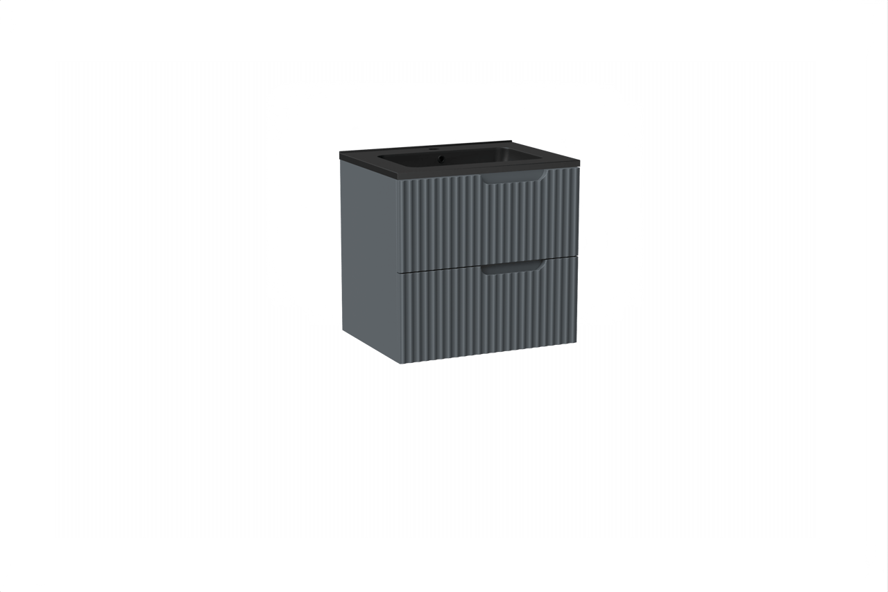 Linie Ribbo zwevend badkamermeubel 60 x 46 cm blauw antraciet met Vano enkele wastafel in composietmarmer mat zwart, Verticale symmetrische ronde ribbel