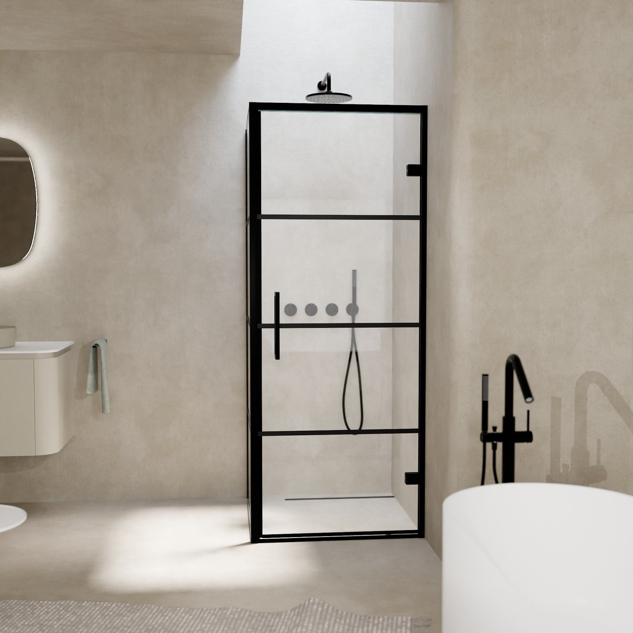 Balmani Senses Design Eckdusche: Drehtür (Rechts) mit fixierte Seitenwand, 90 x 80 cm, Lined, Profil Schwarz, inklusive Coating