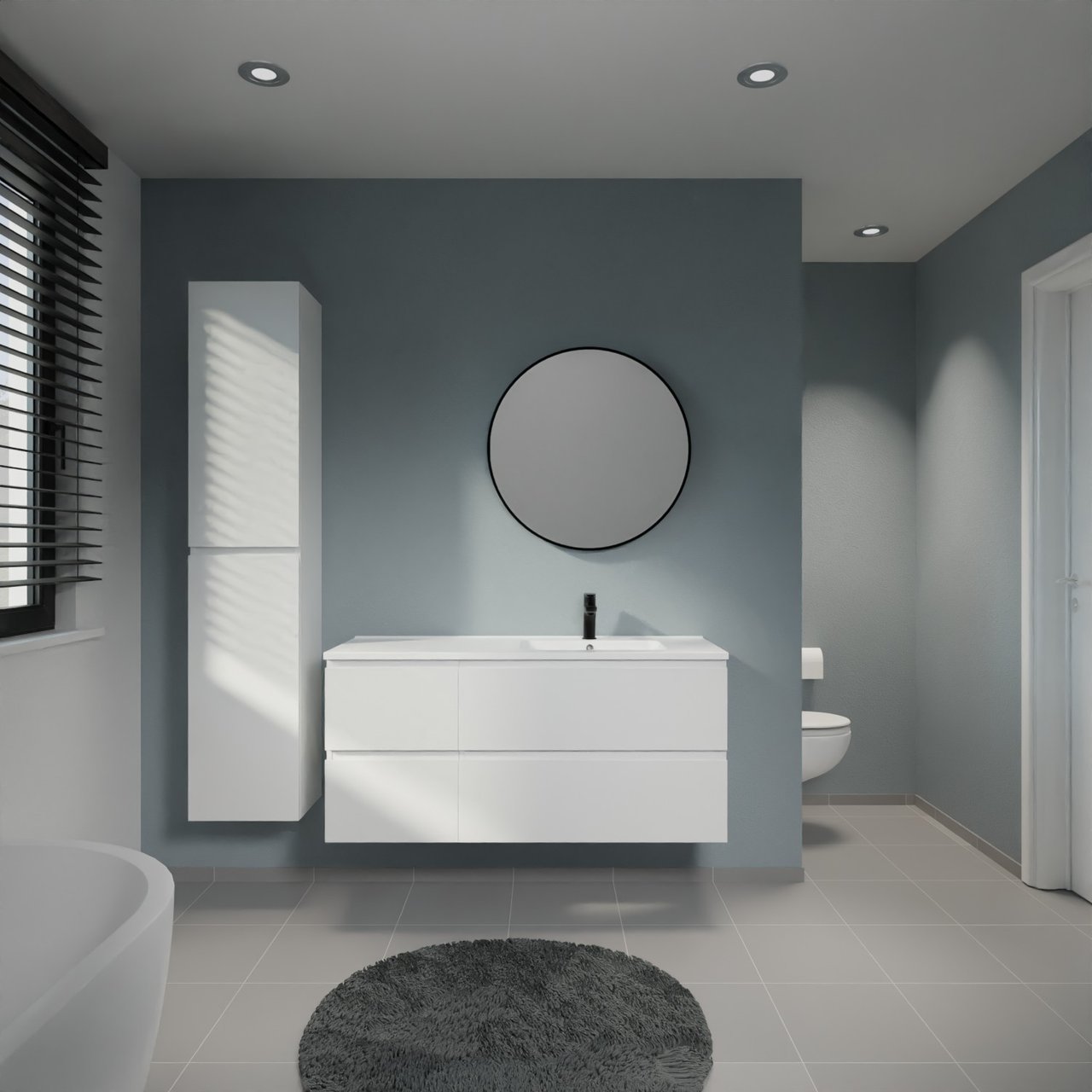 Linie Lado meuble salle de bains suspendu 120 x 46 cm blanc mat avec Vano plan vasque asymétrique à droite en marbre composite blanc brillant