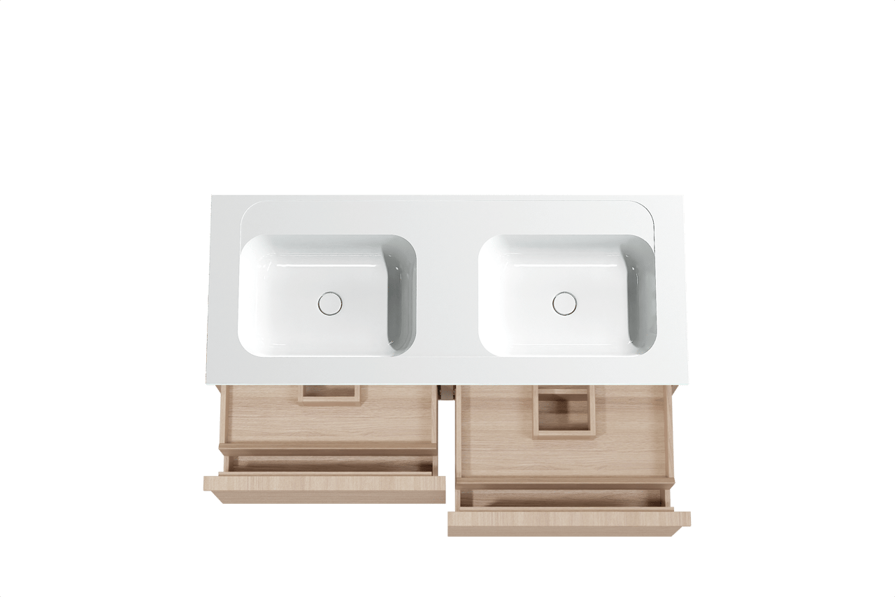 Balmani Forma hängendes Möbelstück Set: 135 x 55 cm, Naturbelassene Eiche, mit Tablo Strada Doppelwaschtisch, Marmorkomposit, Weiß glänzend, Horizontale symmetrische gerade Rippe