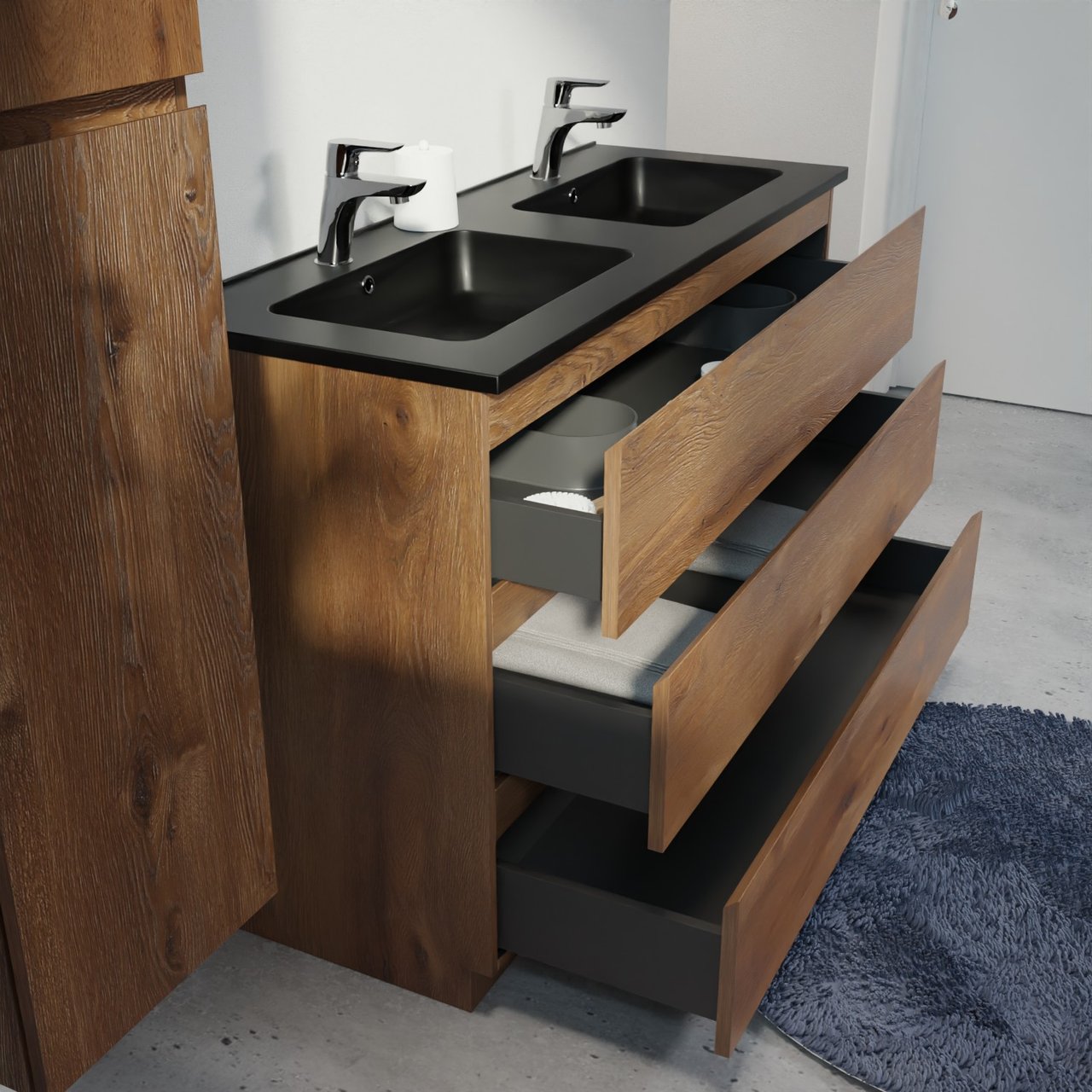 Linie Lado meuble salle de bains à poser 120 x 46 cm chêne brun avec Vano double vasque en marbre composite noir mat