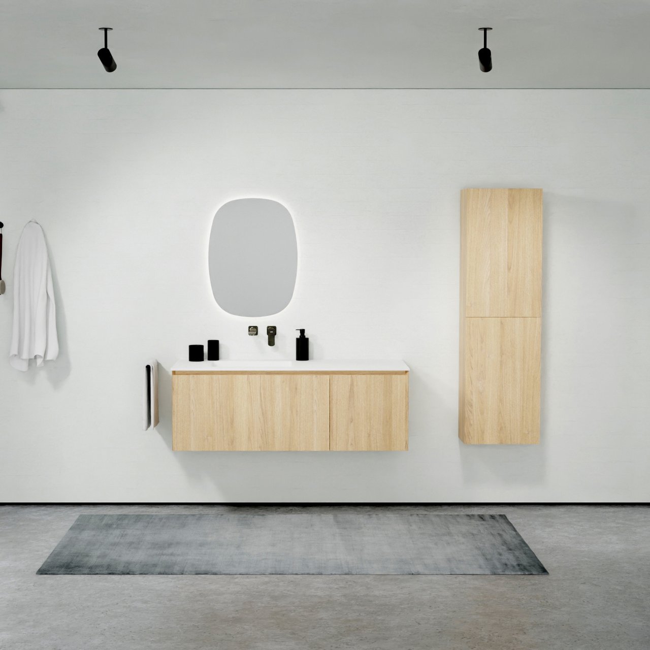 Balmani Idra hängendes Möbelstück Set: 135 x 55 cm, Naturbelassene Eiche, mit Tablo Arcato Waschtisch links, Solid Surface Weiß matt