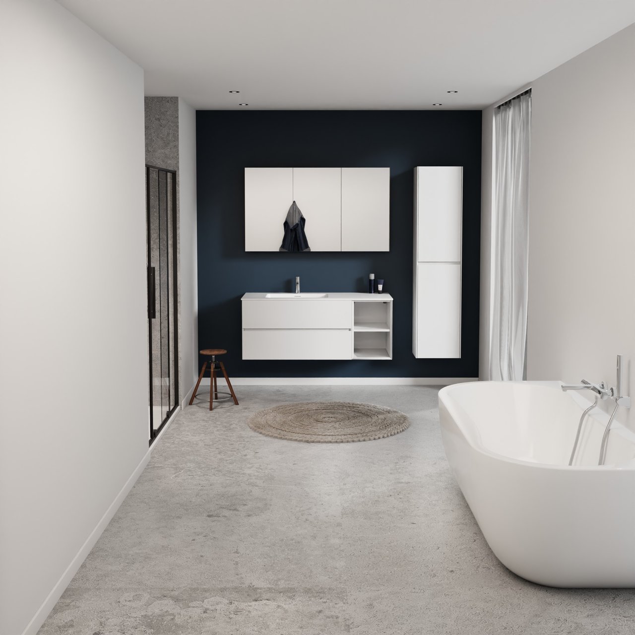 Storke Edge meuble salle de bains suspendu 130 x 52 cm blanc brillant avec Mata plan vasque asymétrique à gauche en solid surface blanc mat