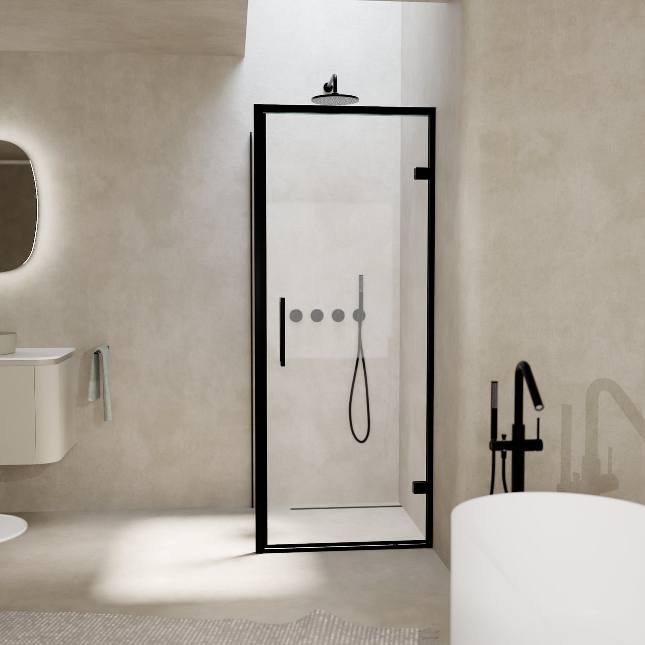 Balmani Senses Design Eckdusche: Drehtür (Rechts) mit fixierte Seitenwand, 90 x 90 cm, Klarglas, Profil Schwarz, inklusive Coating