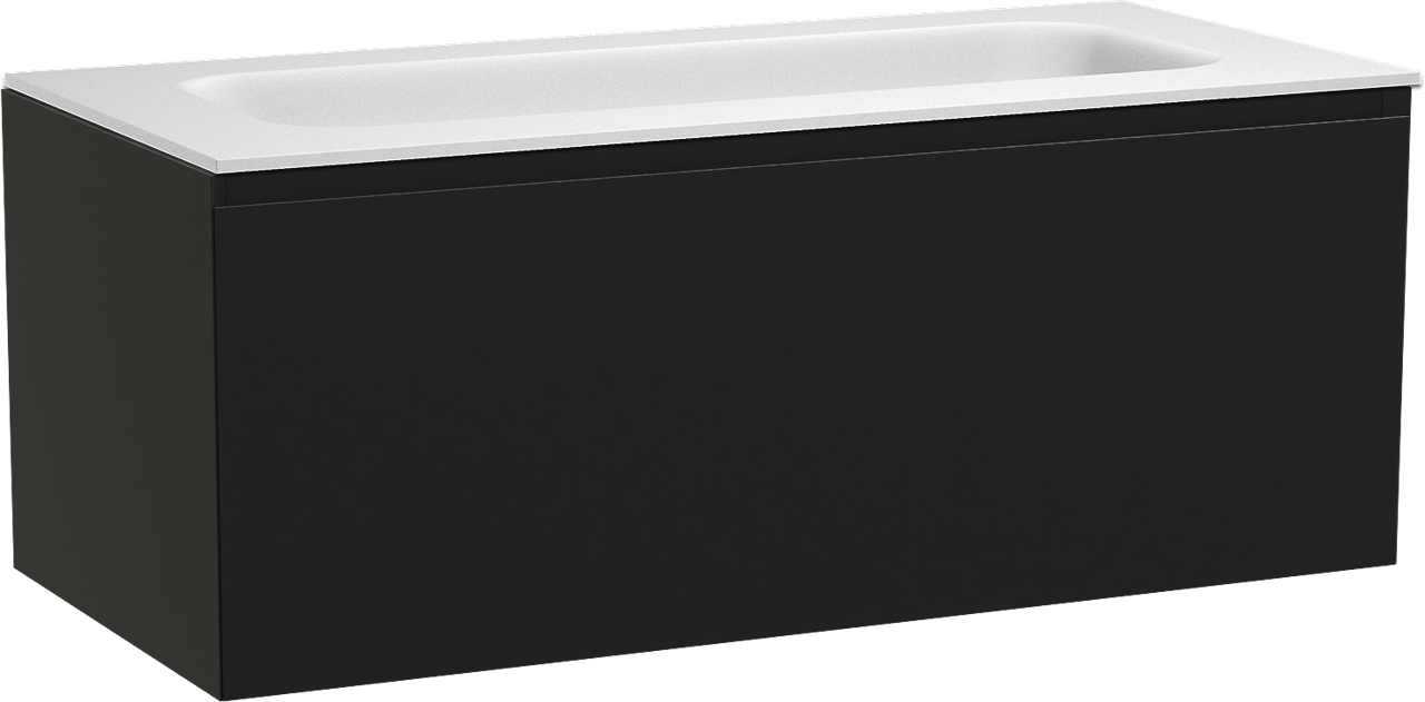 Balmani Idra zwevend badmeubel 120 x 55 cm mat zwart met Tablo Arcato enkele wastafel voor 2 kraangaten in solid surface mat wit