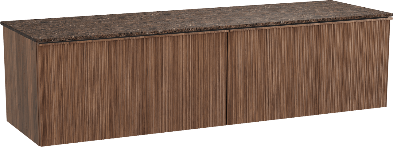 Balmani Forma hängendes Möbelstück Set: 180 x 55 cm, Amerikanischer Nussbaum, mit Stretto Einzel- oder Doppel Waschtischplatte, Marmor, Dark Emperador, Vertikale asymmetrische Runde Rippe