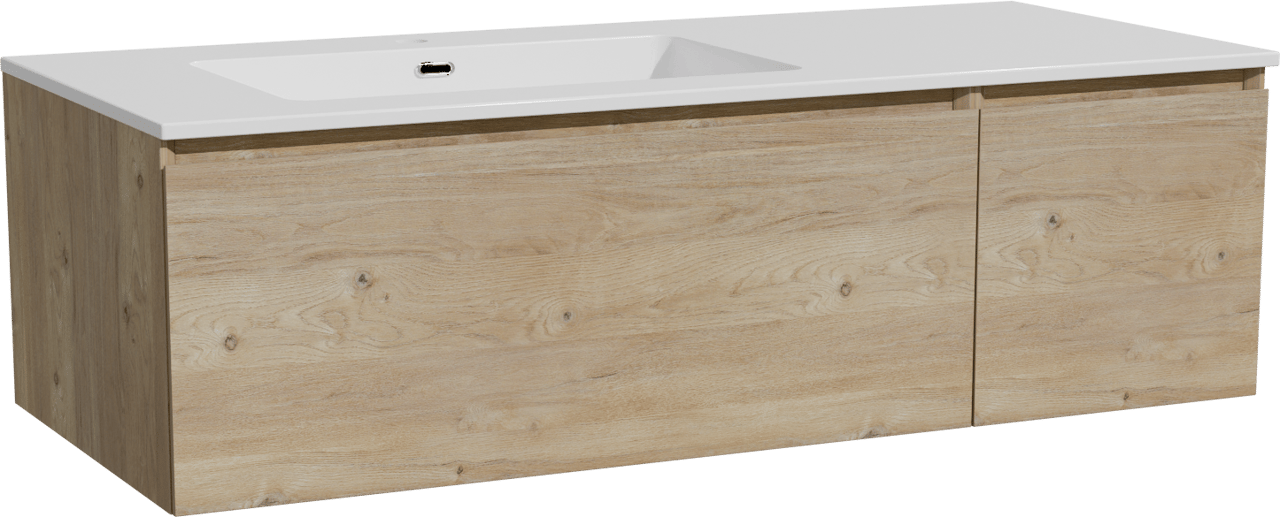 Storke Edge meuble salle de bains suspendu 120 x 52 cm chêne brut avec Diva vasque asymétrique gauche en marbre composite blanc brillant
