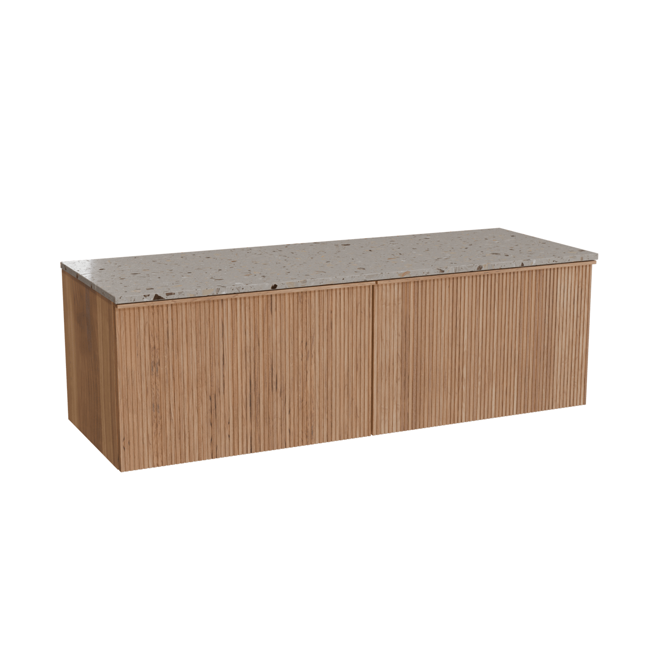 Balmani Forma hängendes Möbelstück Set: 150 x 55 cm, Teak, mit Stretto Einzel- oder Doppel Waschtischplatte, Terrazzo in Greige, Vertikale symmetrische gerade Rippe