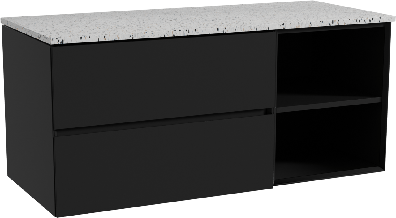Storke Edge meuble salle de bains suspendu 120 x 52 cm noir mat avec Tavola tablette simple ou double en blanc/noir mat terrazzo