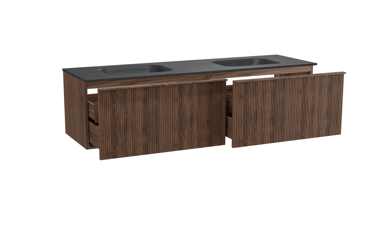 Balmani Forma zwevend badkamermeubel 180 x 55 cm amerikaanse notelaar met Tablo Arcato dubbele wastafel in graniet zwart, Verticale symmetrische rechte ribbel