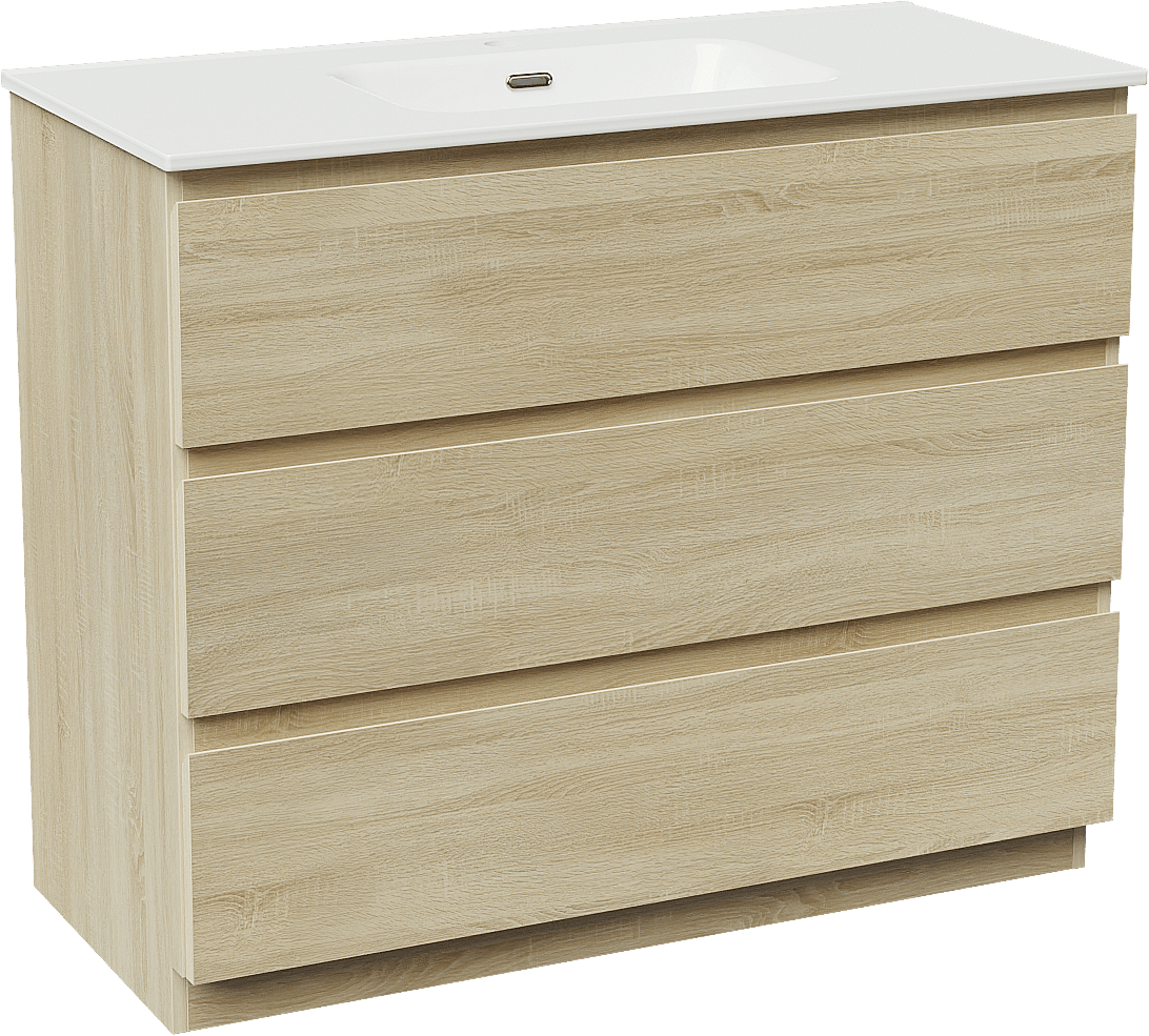 Linie Lado staand badmeubel 100 x 46 cm wit eiken met Baro enkele wastafel in porselein hoogglans wit