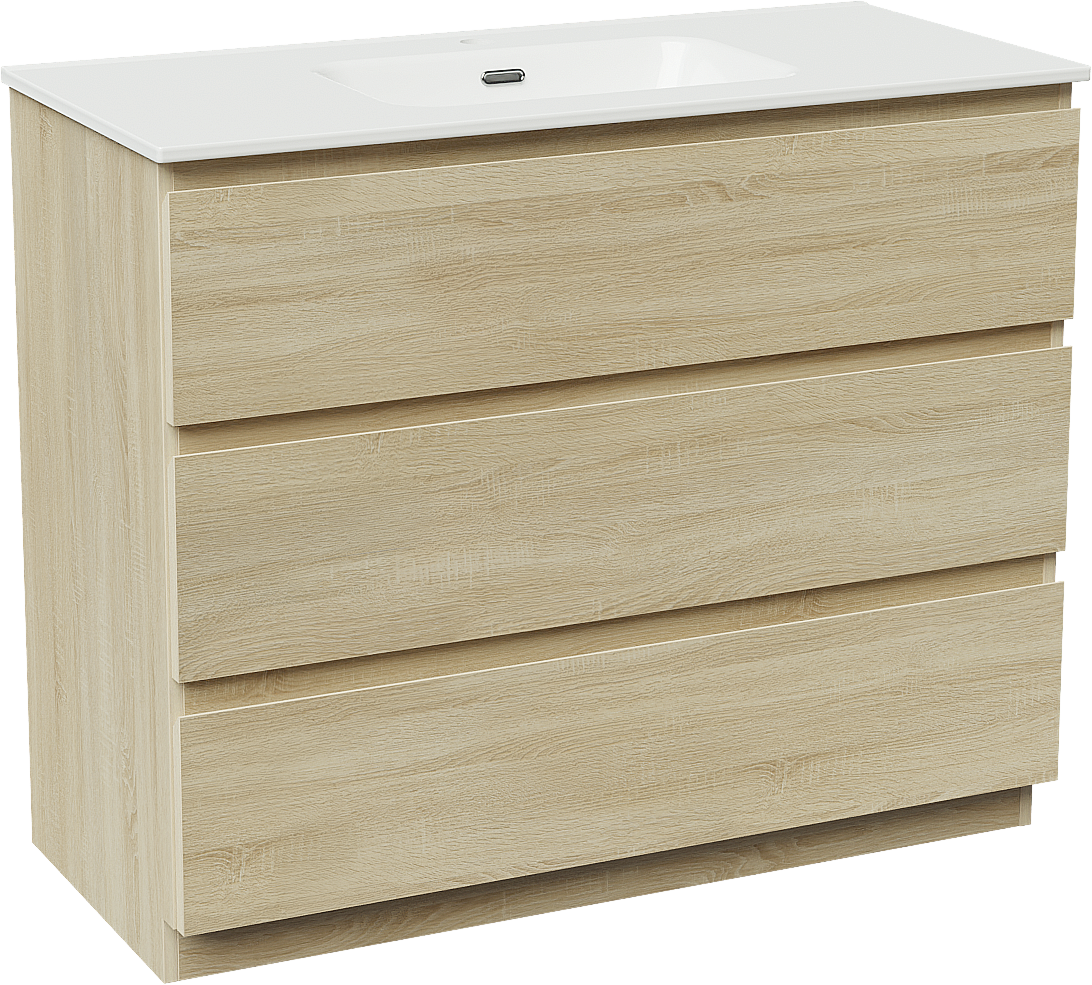 Linie Lado staand badmeubel 100 x 46 cm wit eiken met Baro enkele wastafel in porselein hoogglans wit