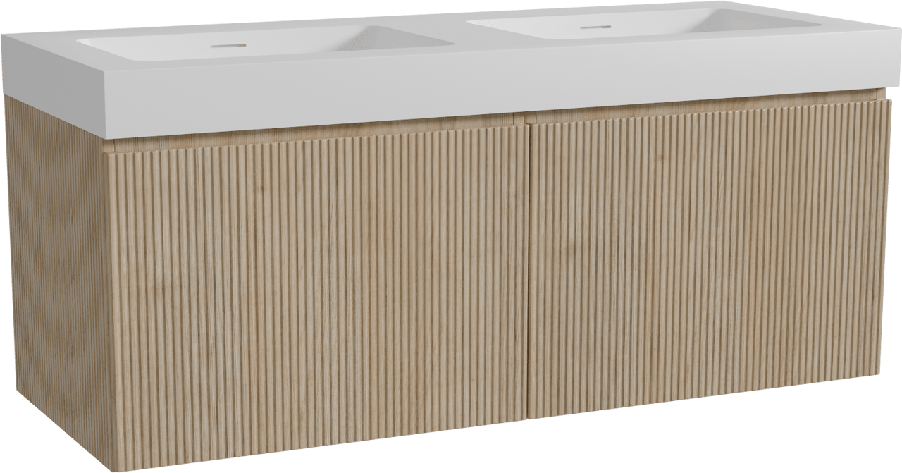 Storke Ribs zwevend badkamermeubel 130 x 52 cm ruwe eik met Mata High dubbele wastafel in solid surface mat wit, Verticale symmetrische rechte ribbel