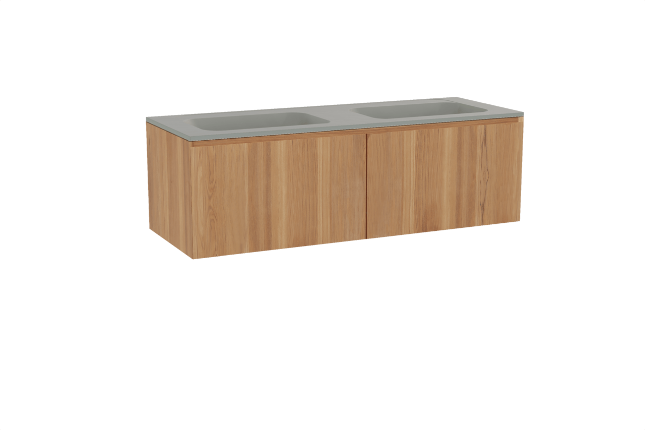 Balmani Idra hängendes Möbelstück Set: 150 x 55 cm, Teak, mit Tablo Strada Doppelwaschtisch, Marmorkomposit Seidengrau