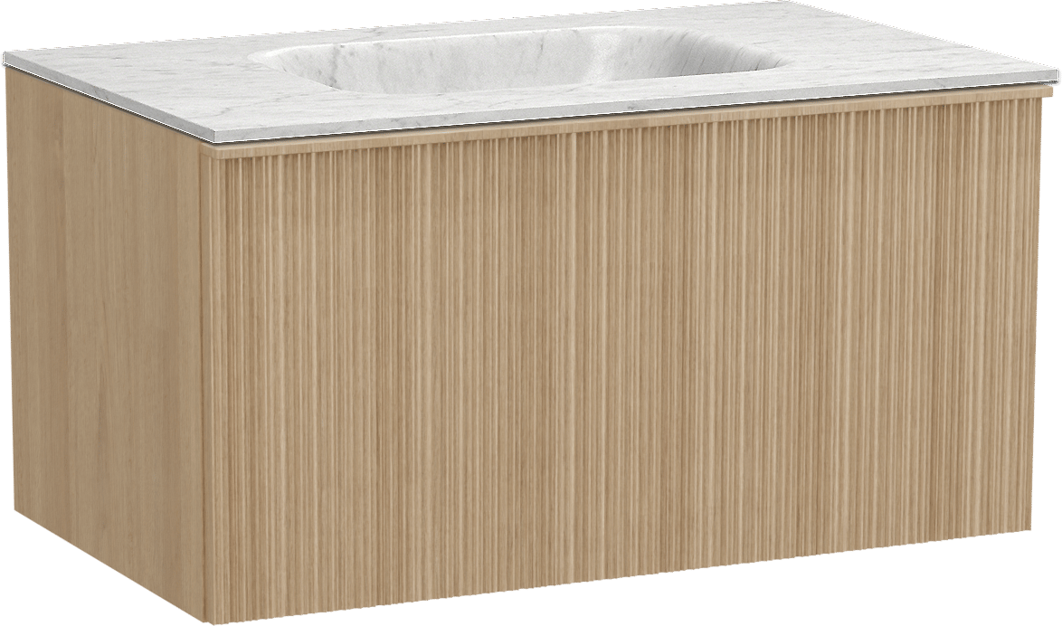 Balmani Forma hängendes Möbelstück Set: 90 x 55 cm, Naturbelassene Eiche, mit Tablo Arcato Einzelwaschtisch, Marmor, Carrara, Vertikale asymmetrische Runde Rippe