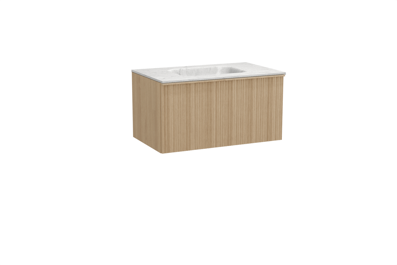 Balmani Forma meuble salle de bains suspendu 90 x 55 cm chêne naturel avec Tablo Arcato plan simple en marbre carrara, Nervure circulaire asymétrique verticale