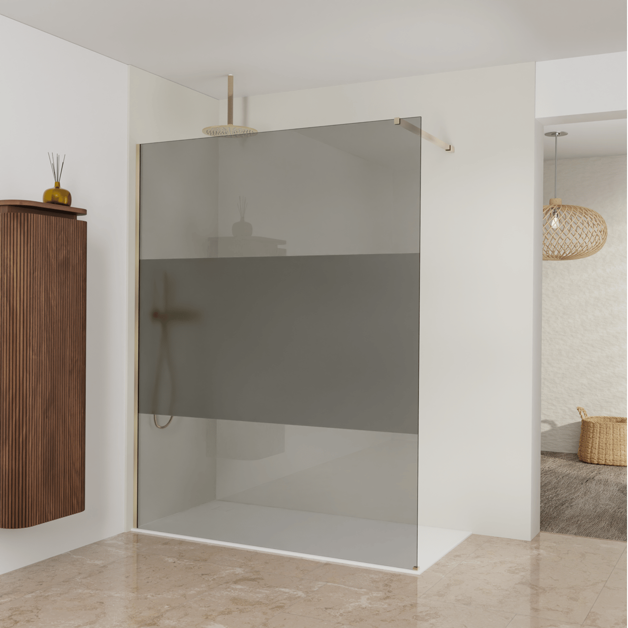 Balmani Modular inloopdouche: 160 x 200 cm, Rookglas met matte strook, Brushed Champagne Gold profielen