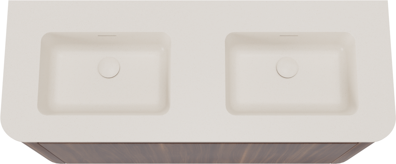 Storke Soft meuble salle de bains suspendu 120 x 46 cm noyer avec Mata Soft double vasque en Solid Surface beige granite