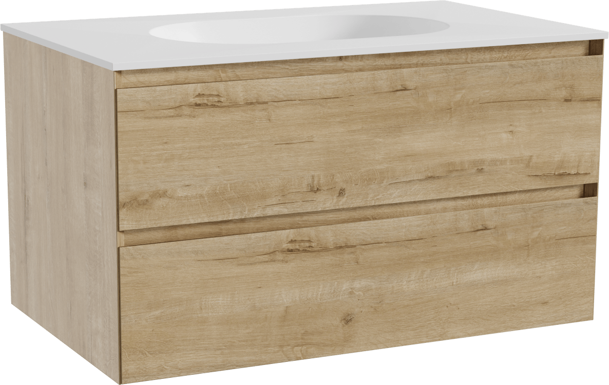 Balmani Mitra meuble salle de bains suspendu 90 x 55 cm chêne brut avec Tablo Oval plan simple en solid surface blanc mat