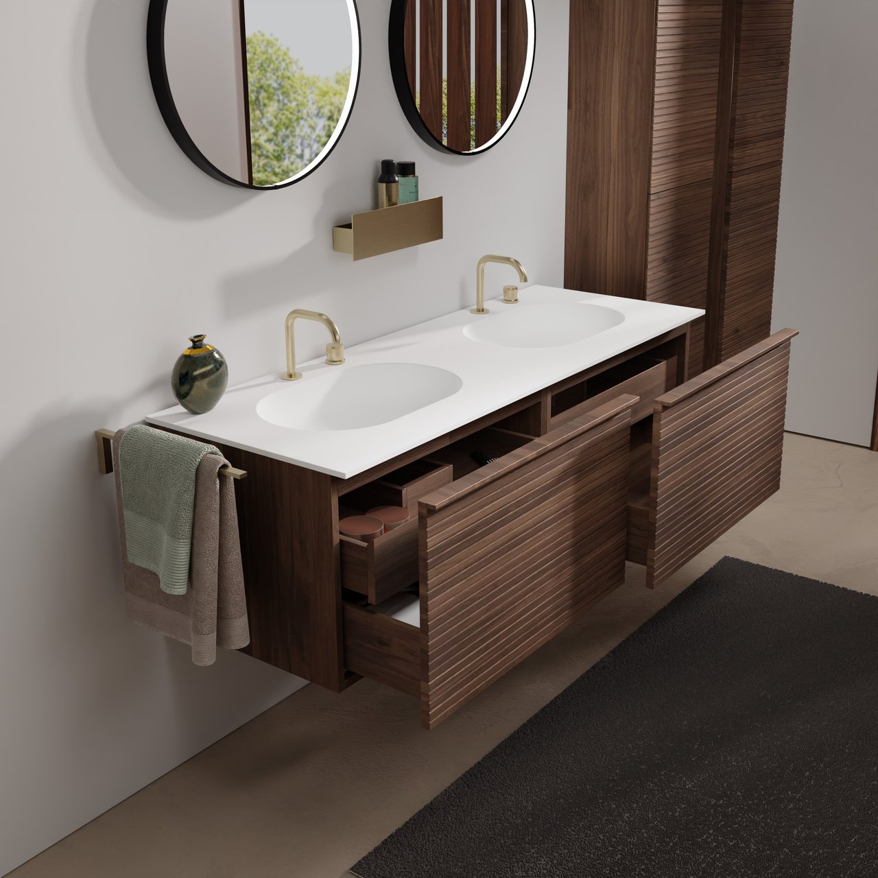 Balmani Forma zwevend badmeubel 150 x 55 cm amerikaans notenhout met Tablo Oval dubbele wastafel in solid surface mat wit, Horizontale symmetrische rechte ribbel