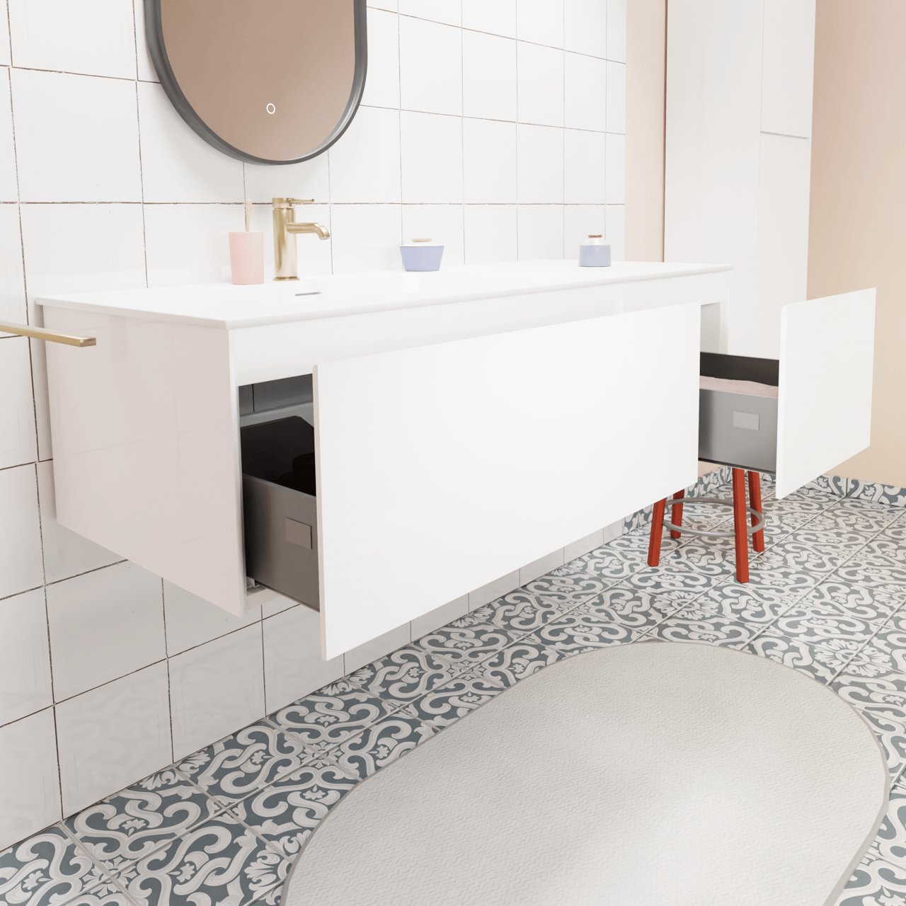 Storke Edge hängendes Möbelstück Set: 130 x 52 cm, Weiß glänzend, mit Mata Waschtisch links, Solid Surface Weiß matt