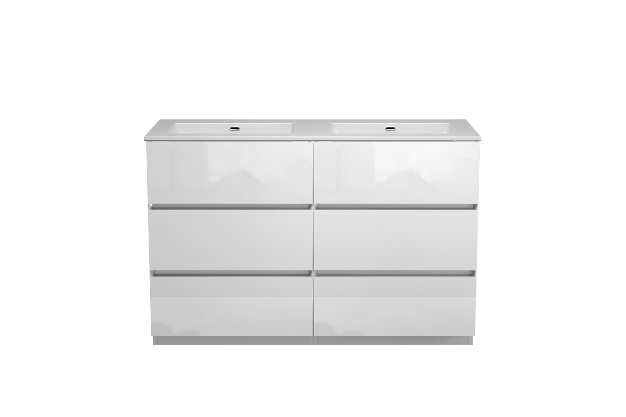 Storke Edge freistehendes Möbelstück Set: 130 x 52 cm, Weiß glänzend, mit Diva Doppelwaschtisch, Marmorkomposit Weiß glänzend