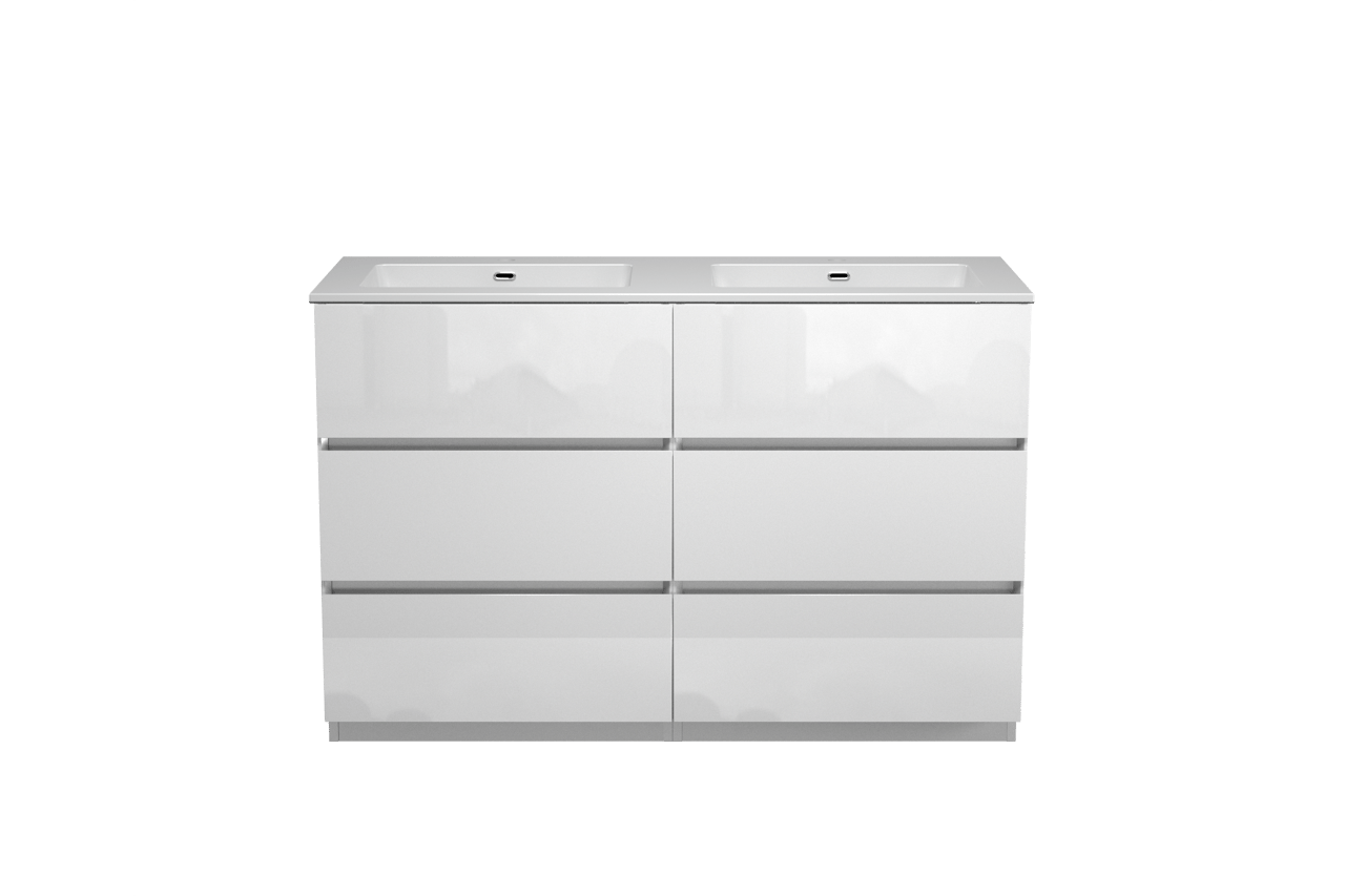 Storke Edge meuble salle de bains à poser 130 x 52 cm blanc brillant avec Diva double vasque en marbre composite blanc brillant