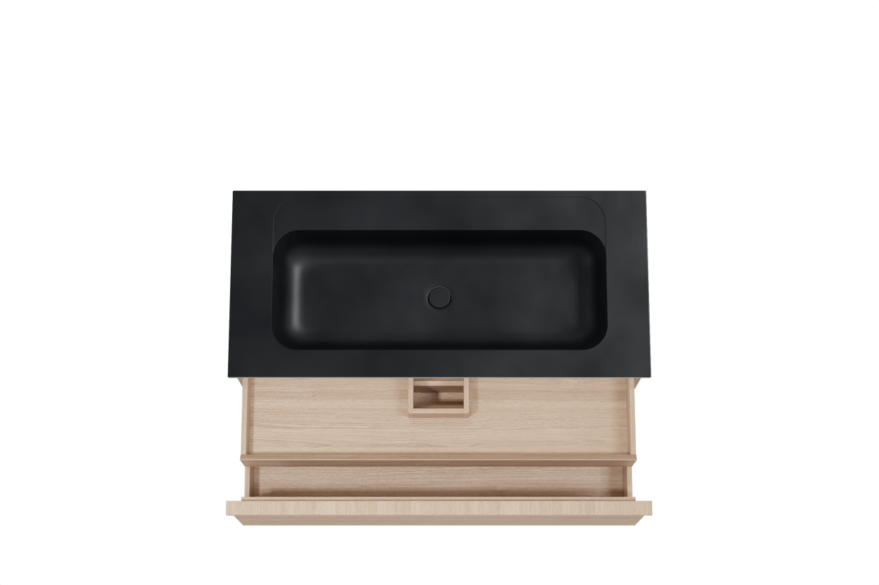 Balmani Forma meuble salle de bains suspendu 120 x 55 cm chêne naturel avec Tablo Strada plan simple pour 2 trous de robinet en marbre composite noir mat, Nervure droite symétrique horizontale