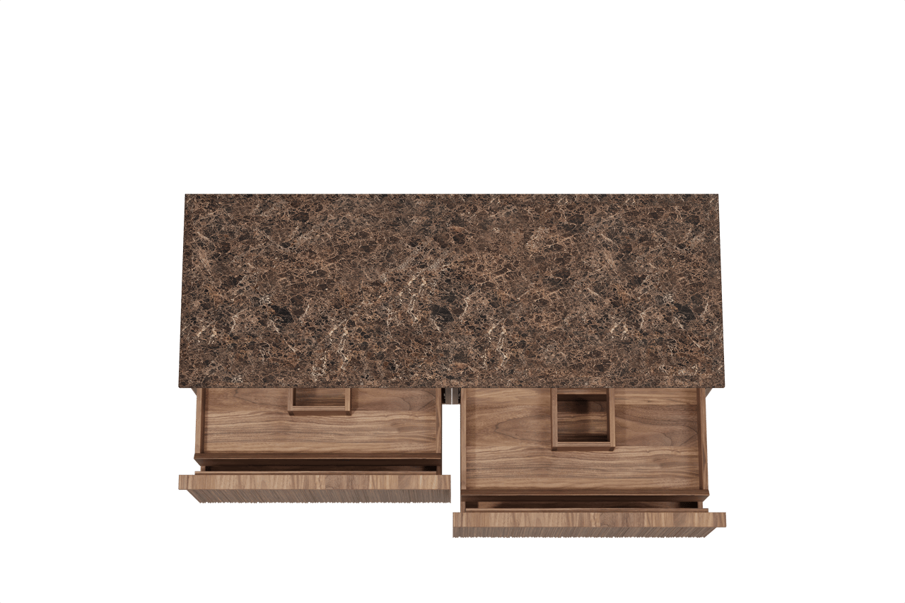 Balmani Forma zwevend badkamermeubel 150 x 55 cm amerikaanse notelaar met Stretto enkel of dubbel tablet in marmer dark emperador, Verticale asymmetrische ronde ribbel