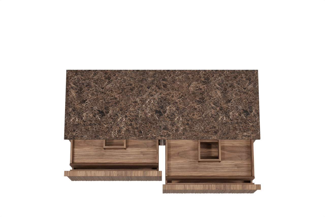 Balmani Forma zwevend badkamermeubel 150 x 55 cm amerikaanse notelaar met Stretto enkel of dubbel tablet in marmer dark emperador, Verticale asymmetrische ronde ribbel