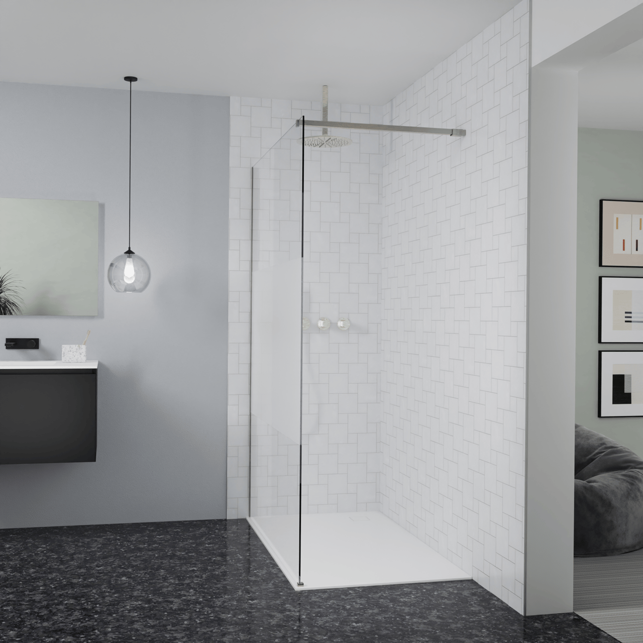 Balmani Modular Walk-In Dusche: 140 x 200 cm, Klarglas mit mattiertem Streifen, inklusive Coating, Profil Brushed CoolMetal