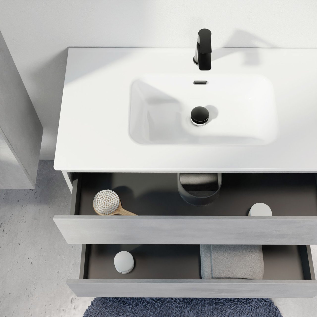 Linie Lado zwevend badmeubel 80 x 46 cm beton donkergrijs met Baro enkele wastafel in porselein hoogglans wit