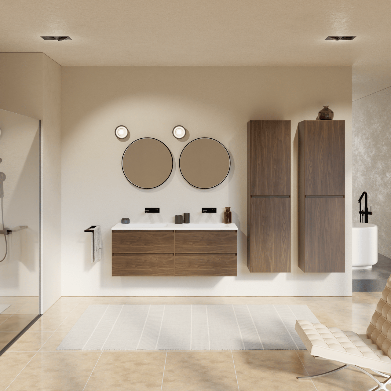 Balmani Mitra meuble salle de bains suspendu 135 x 55 cm noyer américain avec Tablo Strada double vasque en marbre composite blanc mat