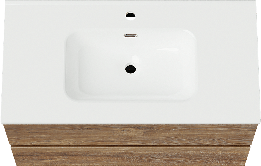 Linie Lado zwevend badkamermeubel 90 x 46 cm bruine eik met Baro enkele wastafel in porselein glanzend wit