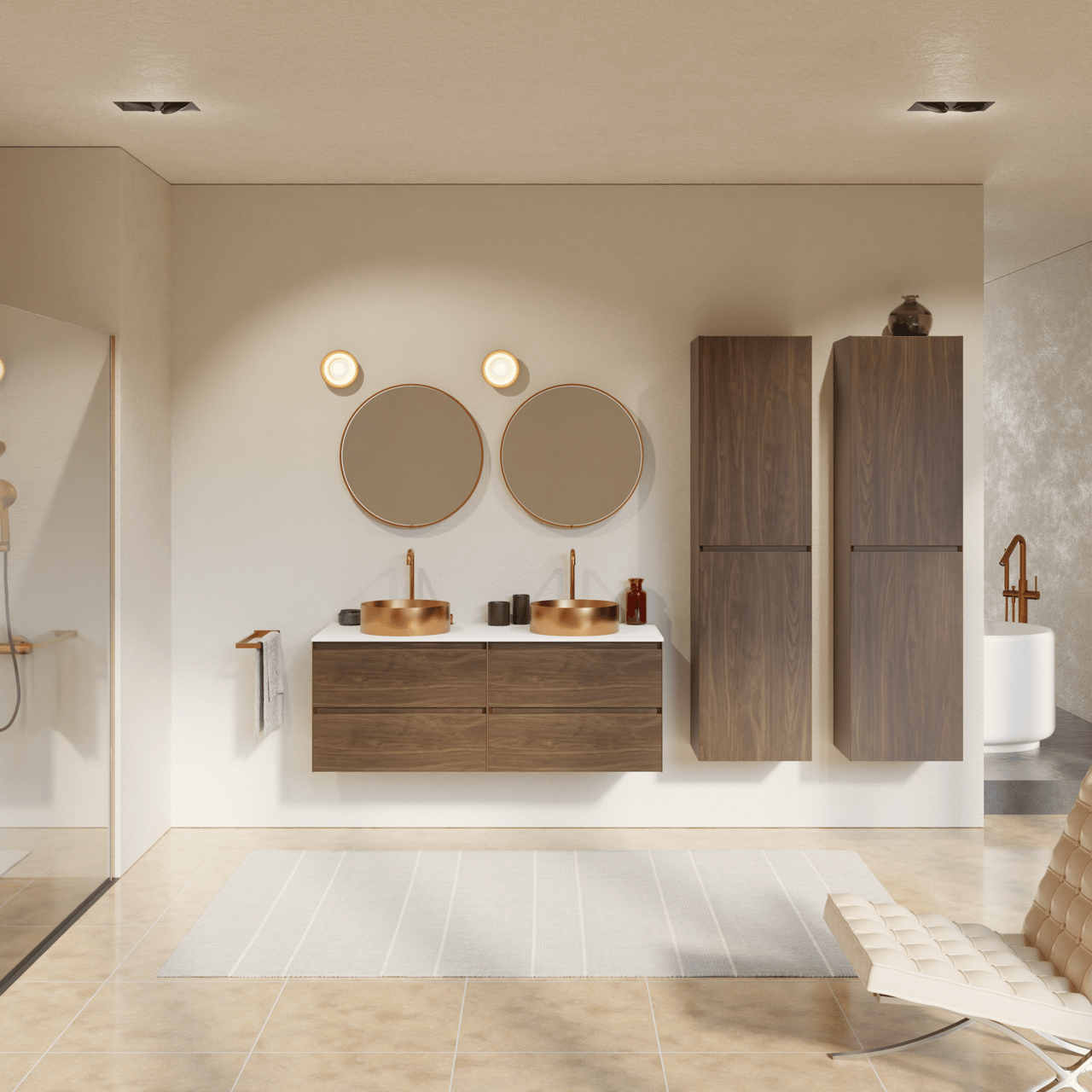 Balmani Mitra meuble salle de bains suspendu 135 x 55 cm noyer américain avec Stretto tablette simple ou double en solid surface blanc mat