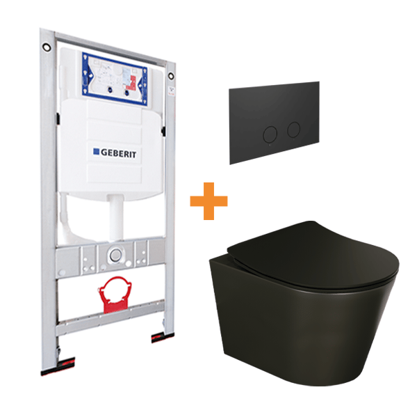Luca Varess Spirello toilette suspendue noir mat et siège fino avec Geberit UP320 bâti-support et Geberit Sigma réservoir de chasse encastré UP320 avec cadre Burda avec et Luca Varess Perola plaque de commande noir mat