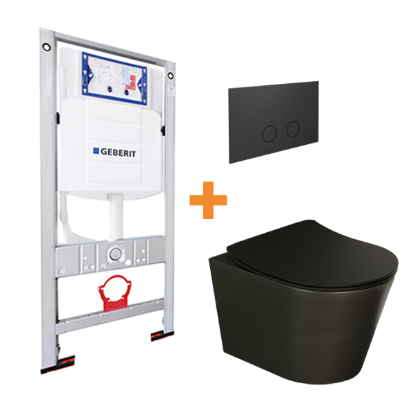Luca Varess Spirello toilette suspendue noir mat et siège fino avec Geberit UP320 bâti-support et Geberit Sigma réservoir de chasse encastré UP320 avec cadre Burda avec et Luca Varess Perola plaque de commande noir mat