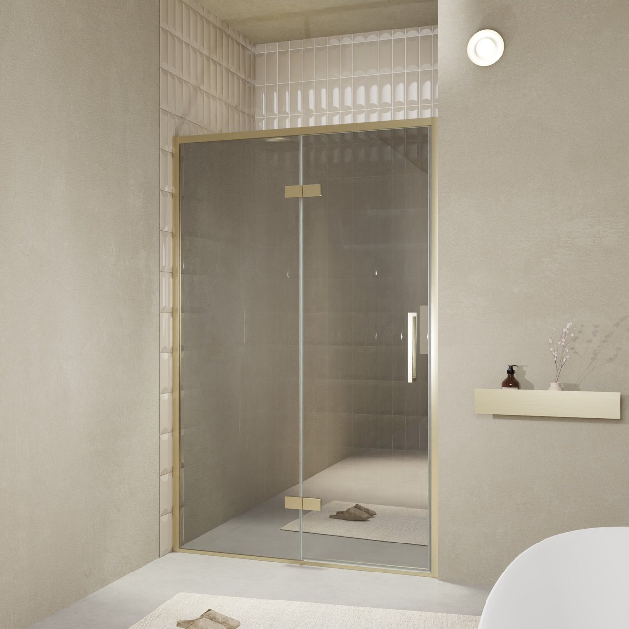 Balmani Senses Design porte pivotante à gauche 140 cm x 210 cm verre Miroir Reflex, Profil Brushed Champagne Gold