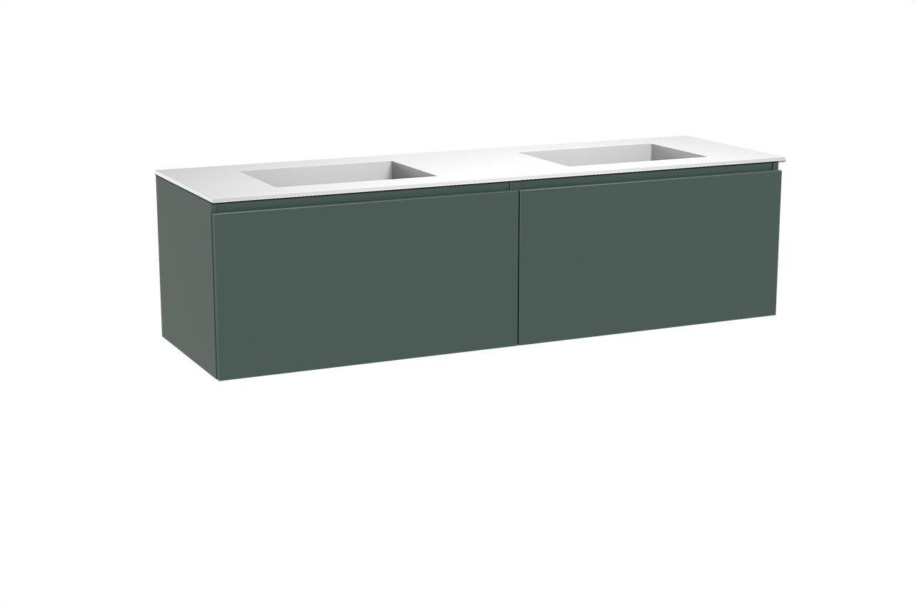 Balmani Sfera zwevend badkamermeubel 180 x 55 cm forest met Tablo Stretto dubbele wastafel in solid surface mat wit