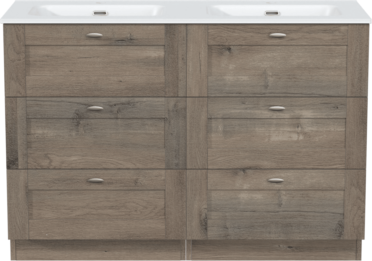 Linie Classo freistehendes Möbelstück Set: 120 x 46 cm, Graue Eiche, mit Baro Doppelwaschtisch, Porzellan Weiß matt