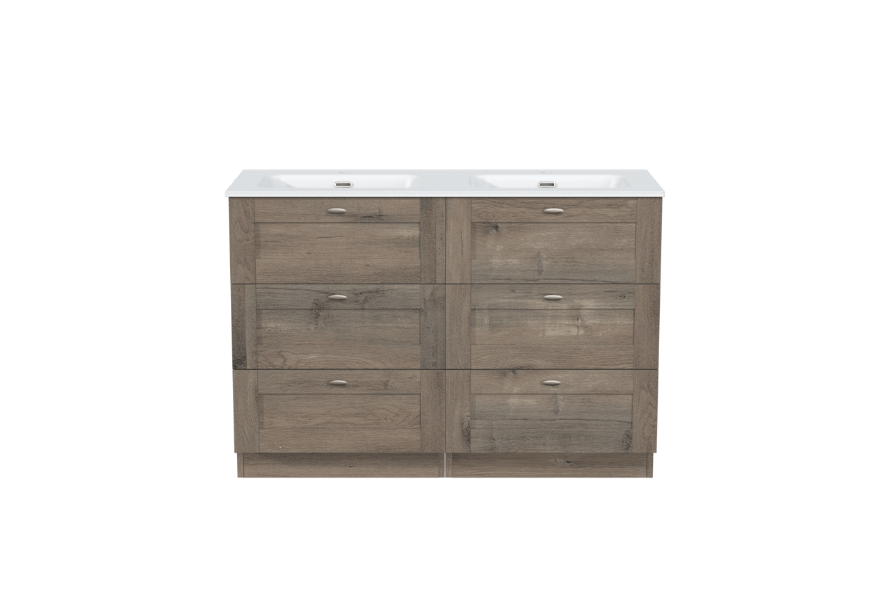 Linie Classo freistehendes Möbelstück Set: 120 x 46 cm, Graue Eiche, mit Baro Doppelwaschtisch, Porzellan Weiß matt