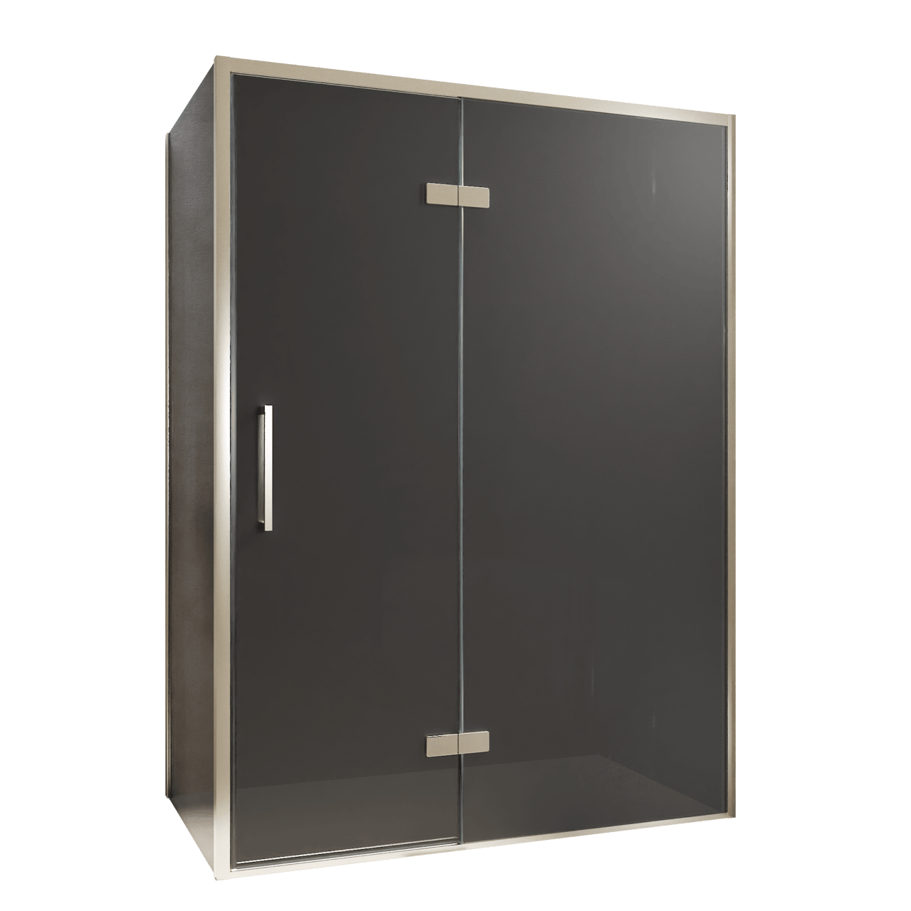 Balmani Senses Design Eckdusche: Drehtür (Rechts) mit fixierte Seitenwand, 140 x 90 cm, Rauchglas, Profil Brushed CoolMetal