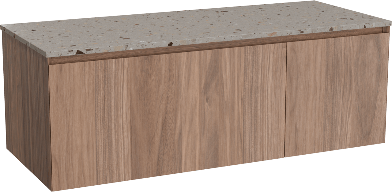 Balmani Idra zwevend badmeubel 135 x 55 cm notenhout met Stretto enkel of dubbel wastafelblad in terrazzo greige terrazzo