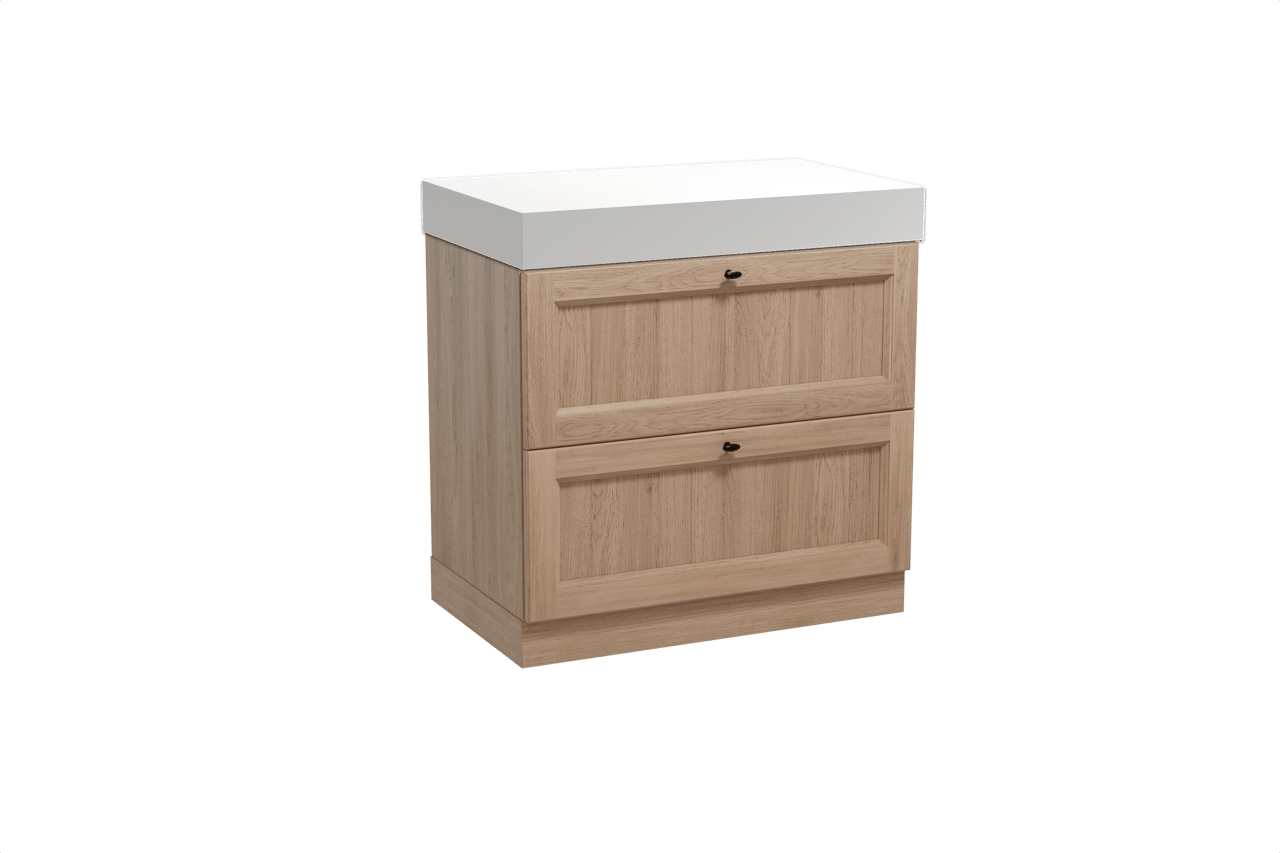 Balmani Lemon freistehendes Möbelstück Set: 90 x 55 cm, Verwitterte Eiche, mit Dominus Einzel Waschtischplatte, Solid Surface Weiß matt