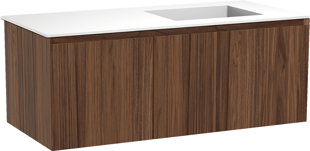 Balmani Idra meuble salle de bains suspendu 120 x 55 cm noyer avec Tablo Stretto plan vasque asymétrique à droite en solid surface blanc mat