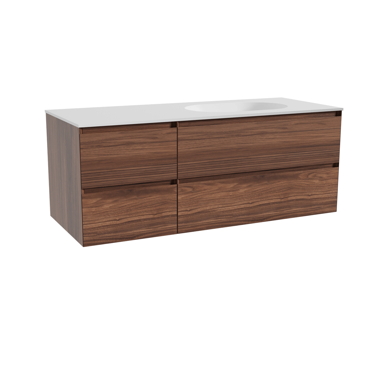 Balmani Mitra meuble salle de bains suspendu 135 x 55 cm noyer avec Tablo Oval vasque asymétrique droite en solid surface blanc mat