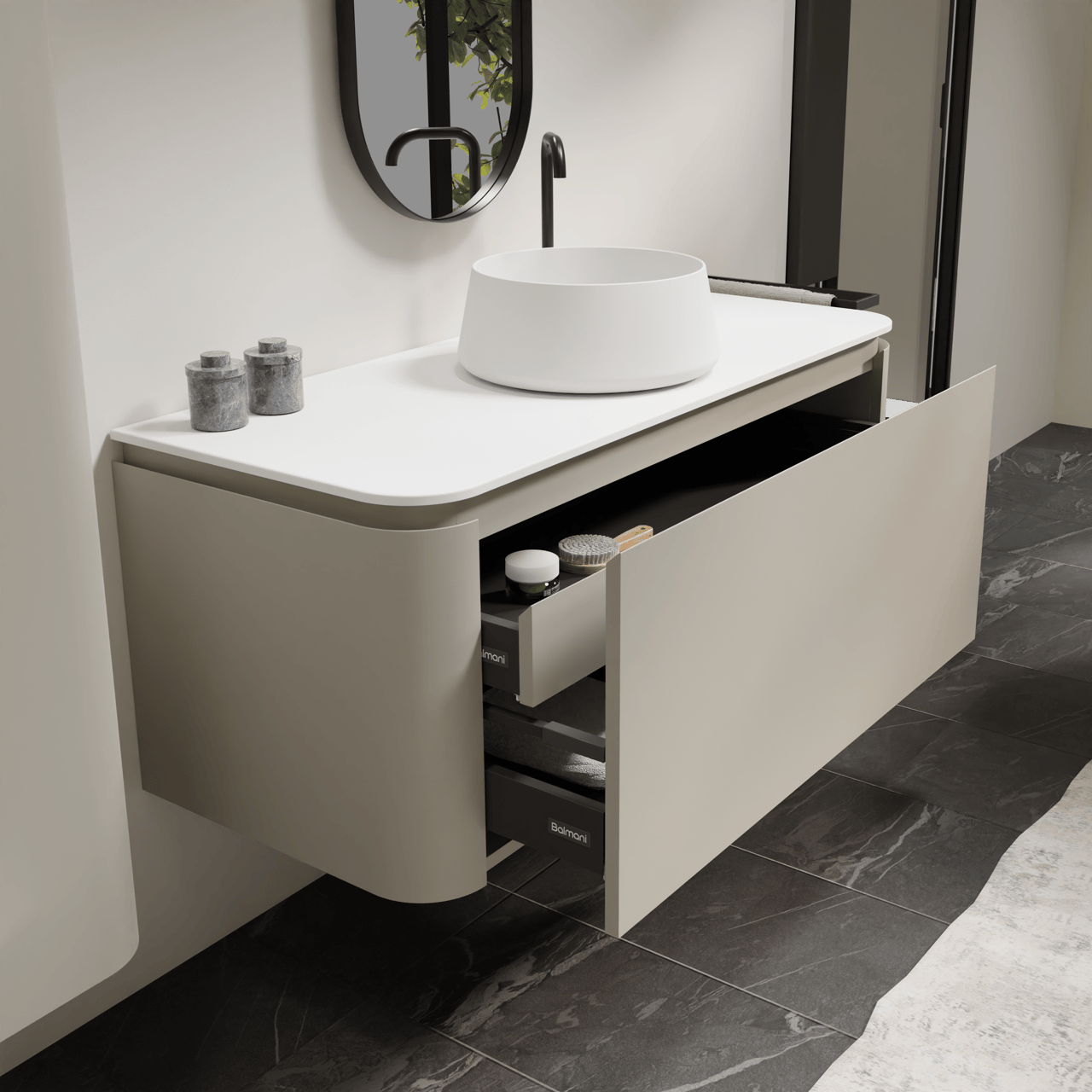 Balmani Moon meuble salle de bains suspendu 130 x 55 cm soie grise avec Moon tablette simple ou double en solid surface blanc mat