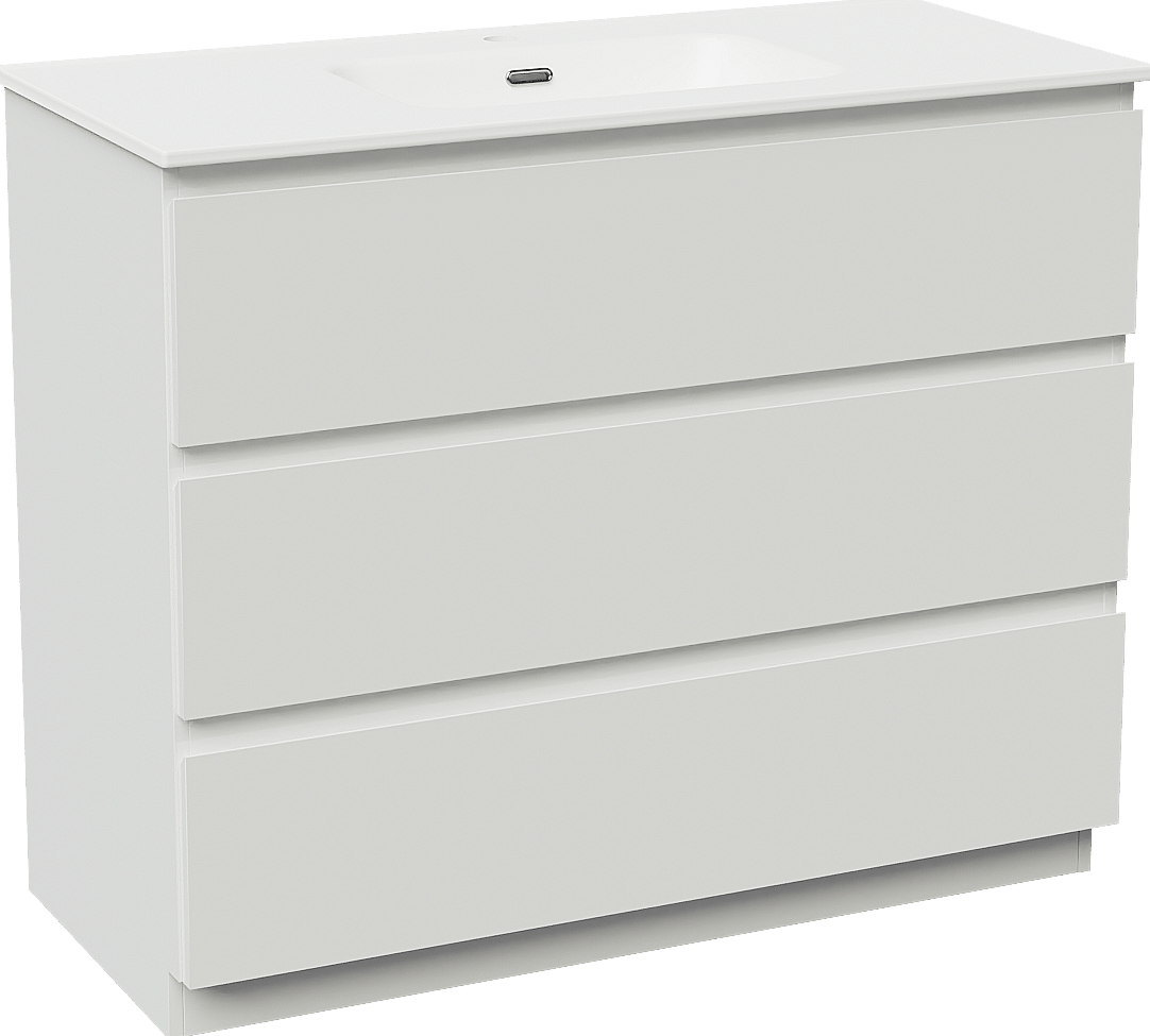 Linie Lado freistehendes Möbelstück Set: 100 x 46 cm, Weiß glänzend, mit Baro Einzelwaschtisch, Porzellan Weiß matt