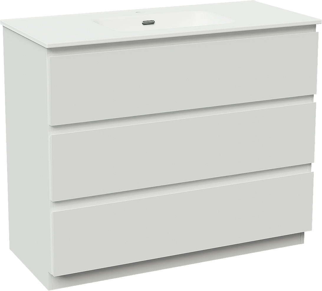 Linie Lado freistehendes Möbelstück Set: 100 x 46 cm, Weiß glänzend, mit Baro Einzelwaschtisch, Porzellan Weiß matt