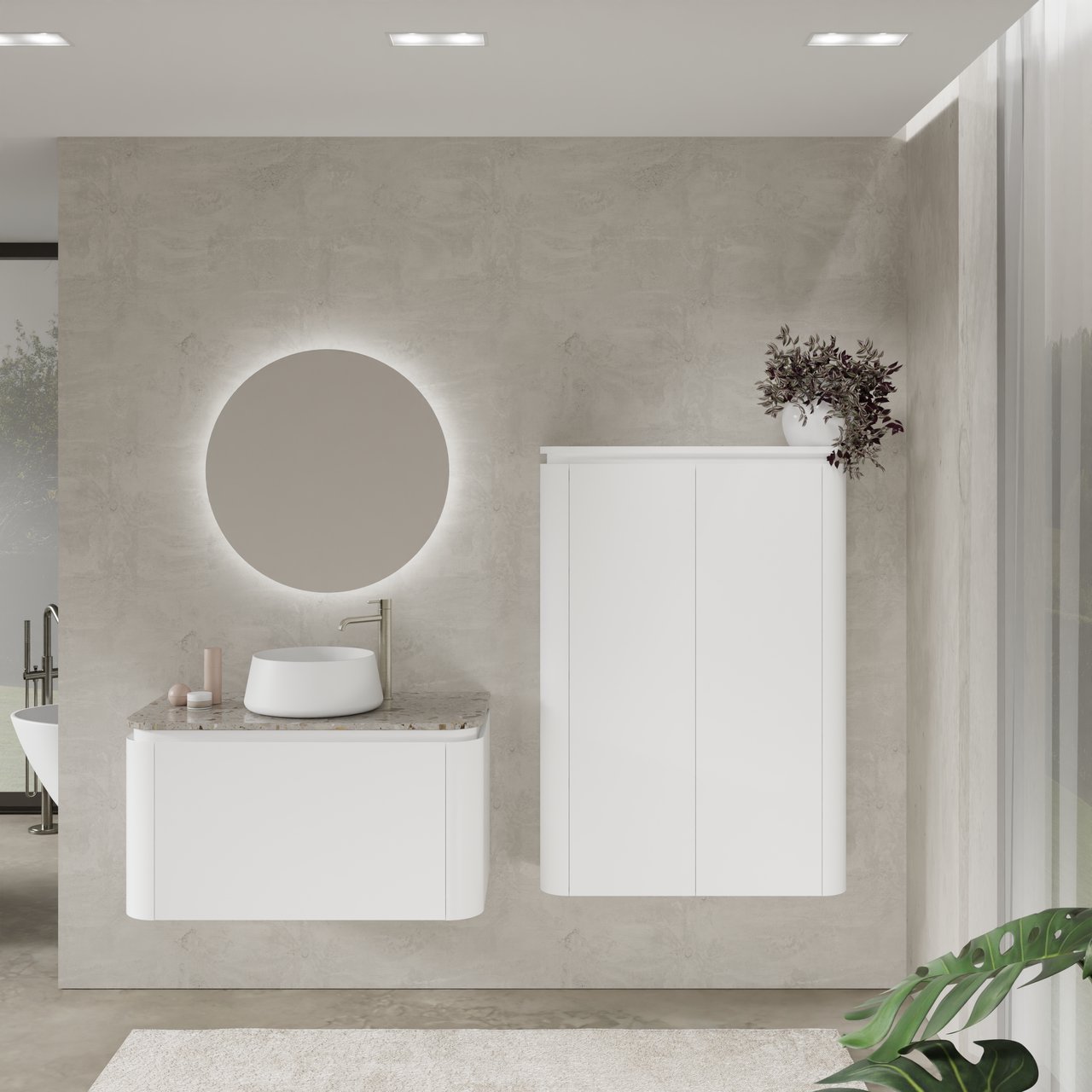 Balmani Moon meuble salle de bains suspendu 100 x 55 cm blanc mat avec Moon tablette simple en terrazzo greige terrazzo avec Bag vasque à poser et Moon colonne salle de bains